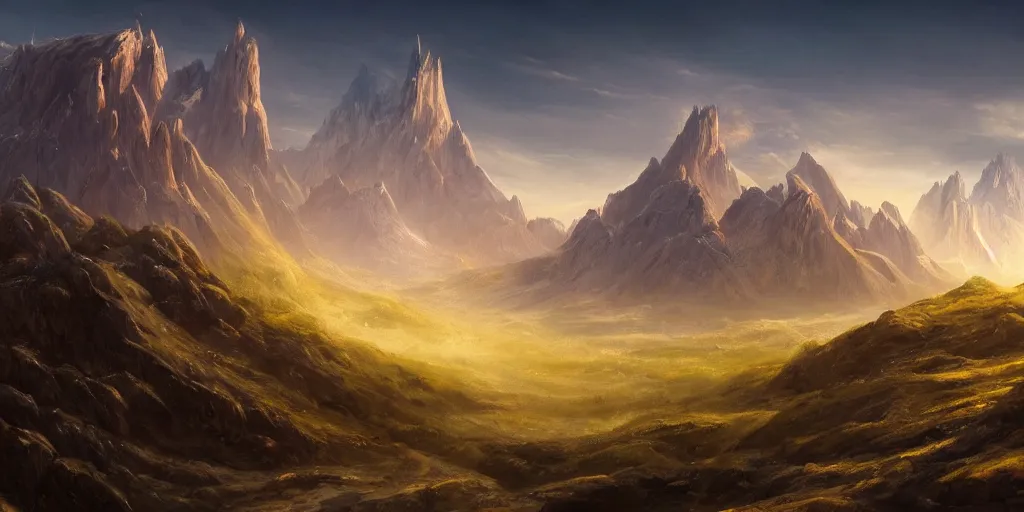 Prompt: The god-like landscape with mountains in the background, Sci-Fi fantasy desktop wallpaper, painted, 4k, high detail, sharp focus