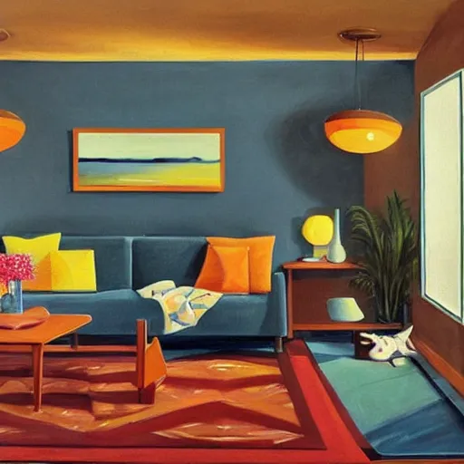 Prompt: painting of cozy mid century modern living room, artgerm