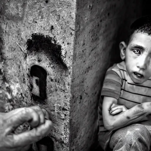 Image similar to palestina boys criend in mother tomb, extreme realistic image, unreal engine, hyperrealistic, very details, pulitzer award winner, extreme close up, photo by darwis triadi