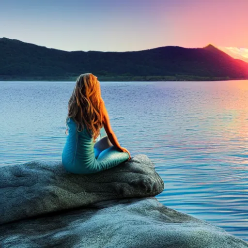 Image similar to a beautiful photo of a mermaid sits on a rock and stares at the island, sunset lighting, hyper realistic, 1 0 5 mm, amazing