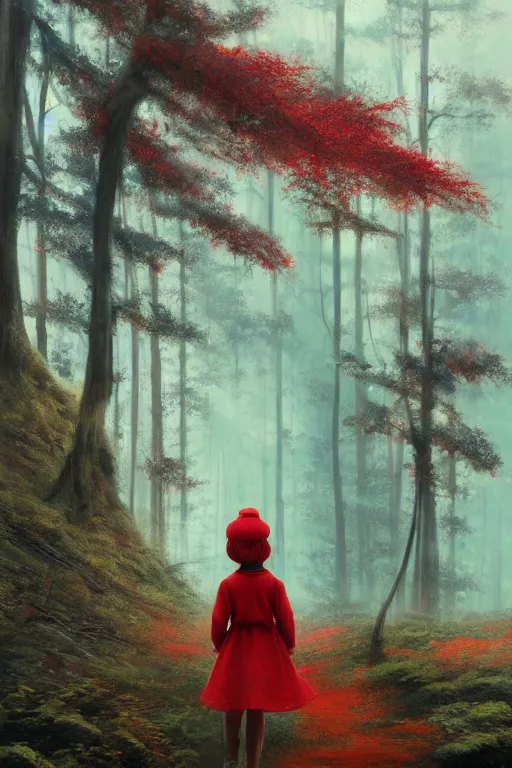 Image similar to a little girl in red hat ,forest,Distant view, by Bruce Pennington and Ross Tran trending on artstation, trending on deviantart