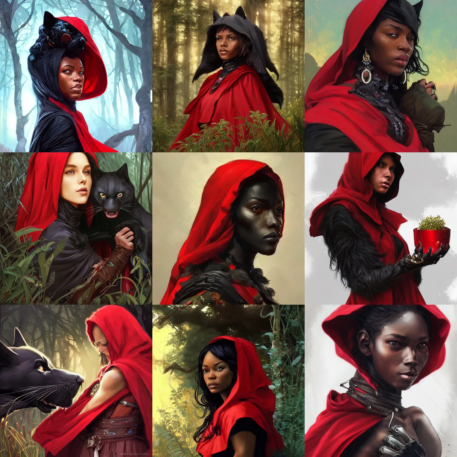 Prompt: Portrait of Little Red Riding Hood with a black panther, intricate, wild, highly detailed, digital painting, artstation, concept art, smooth, sharp focus, illustration, art by artgerm and greg rutkowski and alphonse mucha, footage from space camera