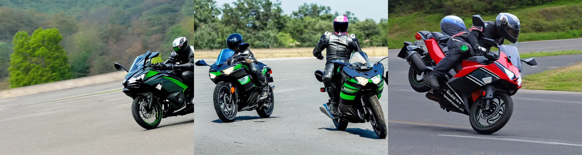 Prompt: A man with wings riding a motorcycle Kawasaki ninja 400