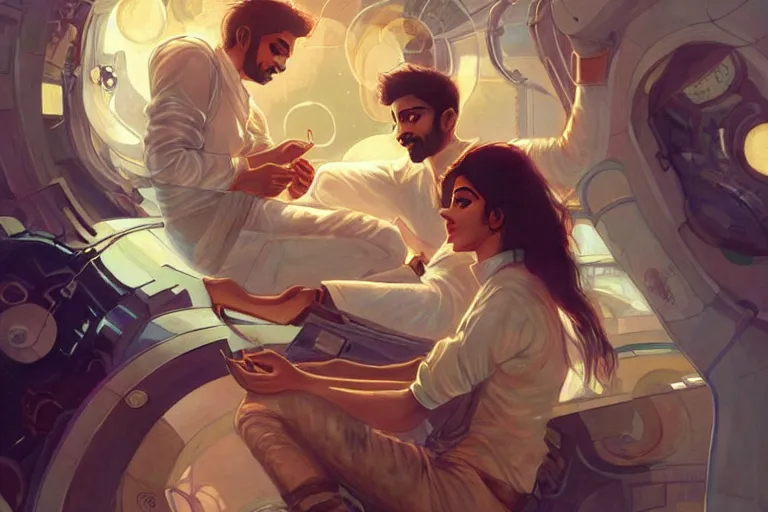 Image similar to Sensual good looking pale young Indian doctors wearing jeans in a space station above Earth, portrait, elegant, intricate, digital painting, artstation, concept art, smooth, sharp focus, illustration, art by artgerm and greg rutkowski and alphonse mucha