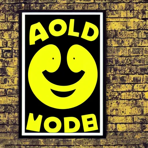 Image similar to acid house rave flyer, poster, smiley face, florescent yellow and black