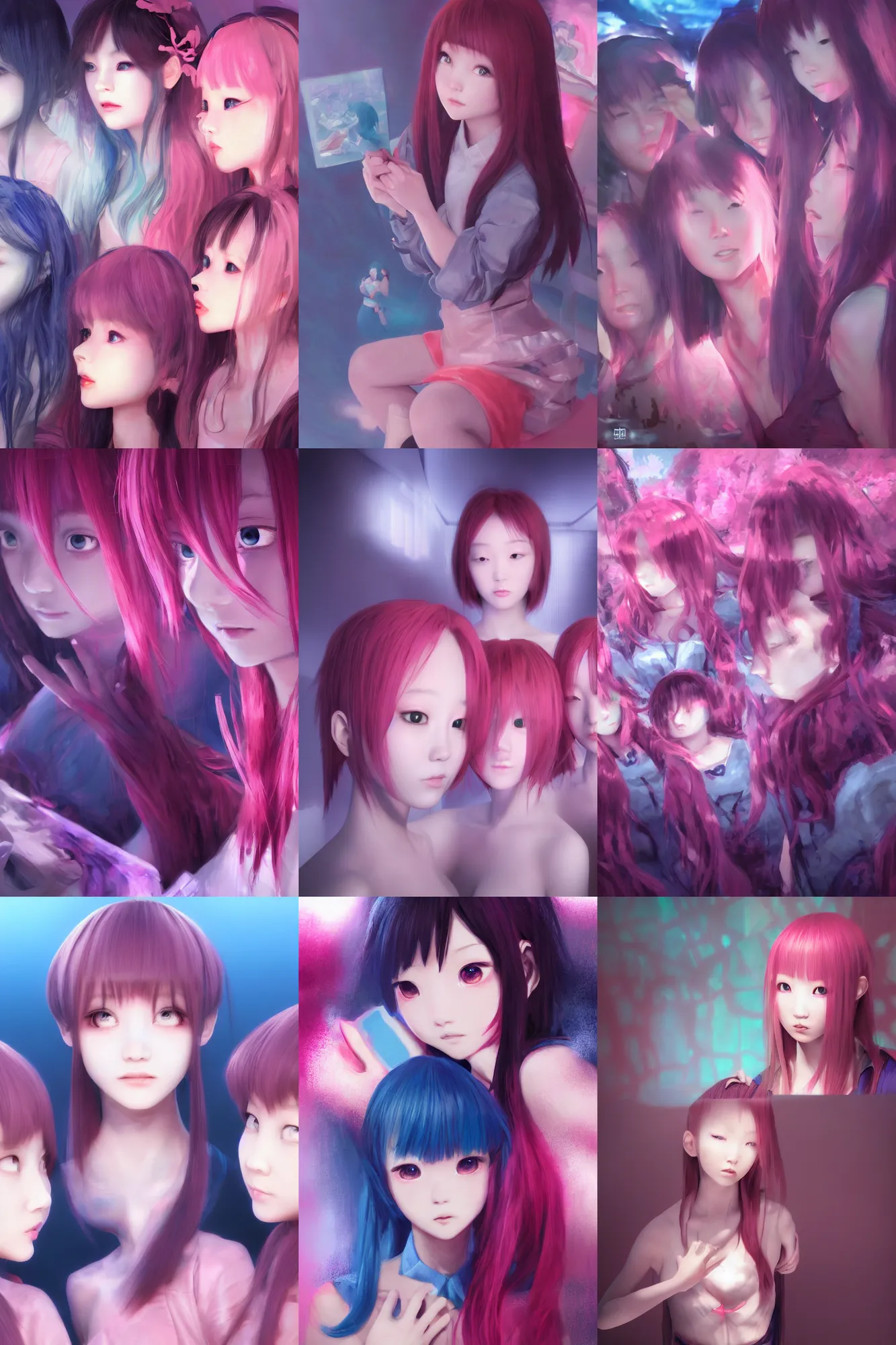 Image similar to 3d dark infrared octane render concept art by D. Jun, by Mo Xiang Tong Xiu, by Igarashi Daisuke, beauty portrait anime schoolgirls under dark pink and blue water. cute face. complex mirror room. dramatic light, trending on artstation.