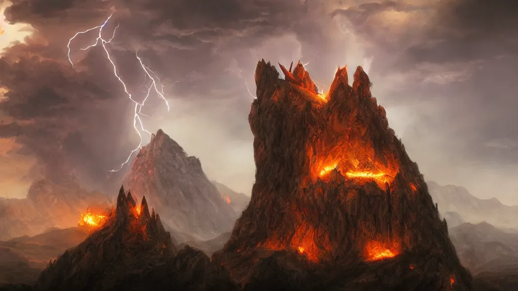 Prompt: evil wizard temple sitting on a cliff near snowy mountains with fire and smoke burining in the background, lightning strikes, volumetric lightning by eugene von guerard, ivan shishkin, dramatic lighting, concept art, trending on artstation, 8 k