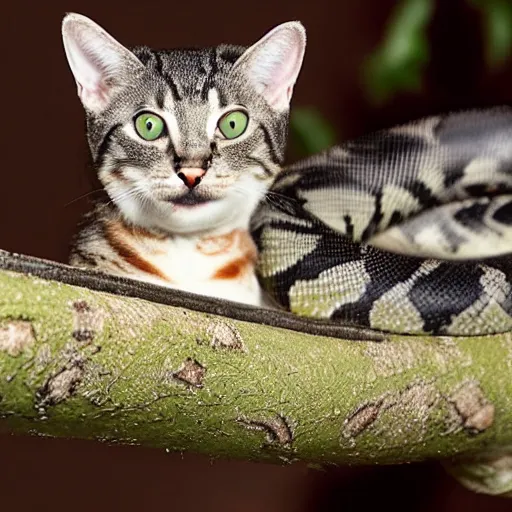 Prompt: cat python hybrid hanging off a branch