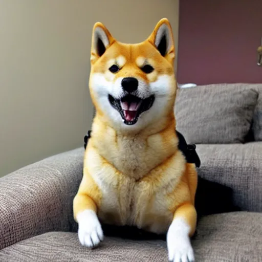 Image similar to doge the shiba - inu as a metallic cyborg, in a sunny suburban living - room.