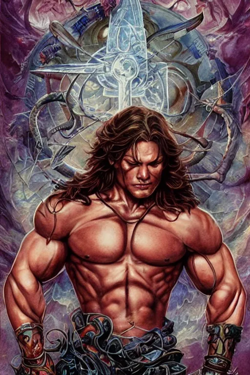 Prompt: muscular Sam Winchester with religious tattoos all over him, as a Spellcaster, holding a book with glowing runes on the cover, D&D dark fantasy style, sharp focus, ultra detailed, art by Artgerm and Peter Andrew Jones, Karol Bak, Ayami Kojima, Amano and Olivier Ledroit