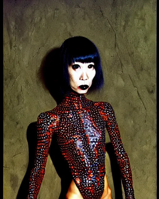 Image similar to portrait of a skinny punk goth yayoi kusama wearing armor by simon bisley, john blance, frank frazetta, fantasy, thief warrior, psychedelic fur