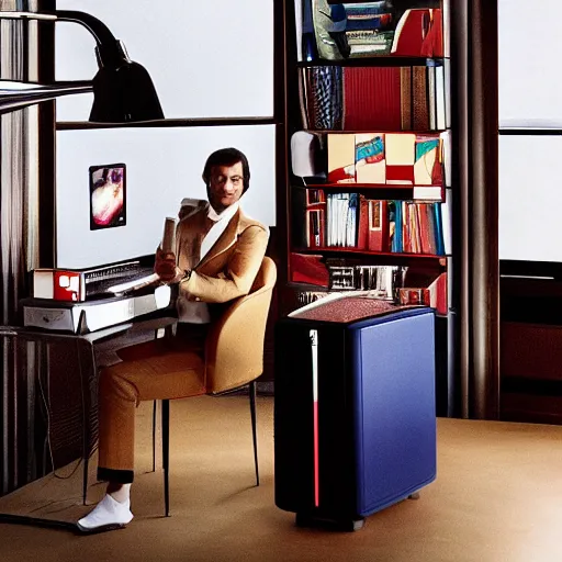 Image similar to a cool ad campaign for gucci leather bound computers : this is the most advanced home computer in the world. cool people everywhere are enjoying the gucci keybotti 1 9 8 1 hq photoshoot