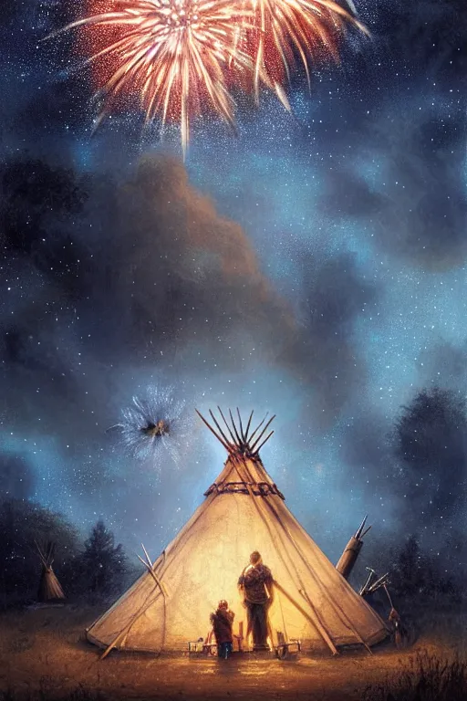 Prompt: a mother a father and 8 children sitting in front of a tipi with galaxies overhead, fireworks, by wlop, by luis royo, by peter mohrbacher, concept art, digital illustration, intricate, masterpiece, elegant, super detailed, unreal engine rendering, smooth, sharp focus, artstation hq