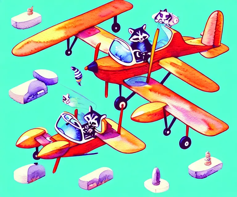 Image similar to cute and funny, racoon riding in a tiny airplane with oversized engines, centered award winning watercolor pen illustration, isometric illustration by chihiro iwasaki, edited by range murata, tiny details by artgerm and watercolor girl, symmetrically isometrically centered