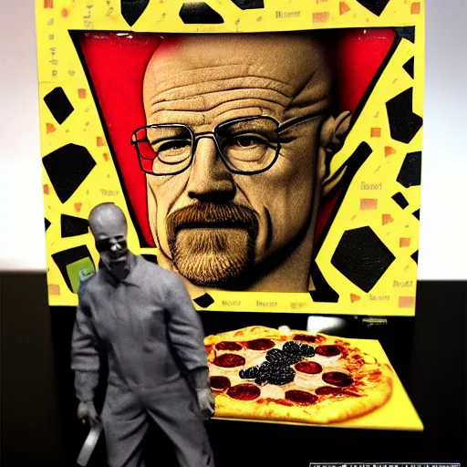 Image similar to pizza made of walter white figurine stickers, unreal, render, splash, award winning photograph