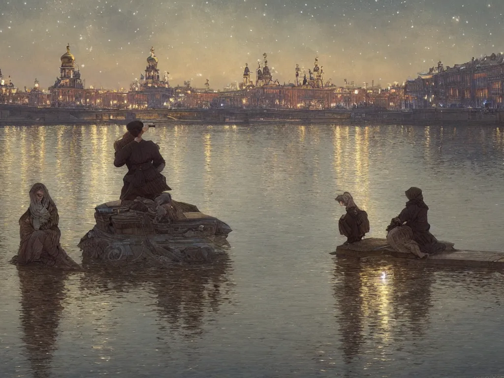 Image similar to a view from the neva river in saint petersburg at night with the sky full of stars, intricate, elegant, highly detailed, digital painting, artstation, concept art, smooth, sharp focus, colored illustration for tattoo, art by krenz cushart and artem demura and alphonse mucha,