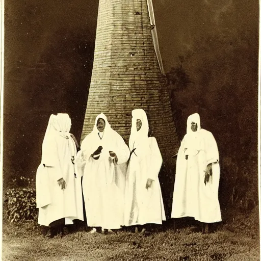 Image similar to an 1800s photo of a windmill. Cult worshippers in robes.