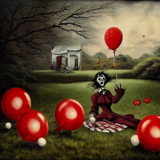 Image similar to grunge painting of a picnic with a wide smile and a red balloon by chris leib, loony toons style, pennywise style, corpse bride style, horror theme, detailed, elegant, intricate, conceptual, volumetric light