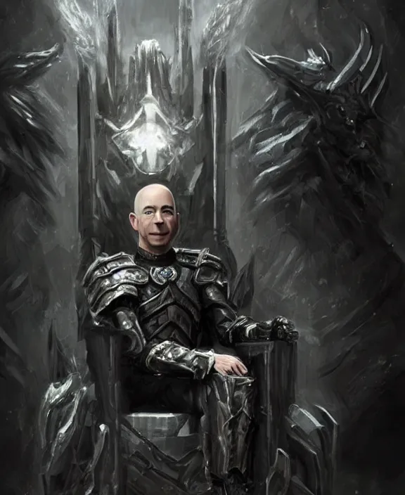 Image similar to a grimdark fantasy concept art portrait of jeff bezos sitting on a dark and evil throne