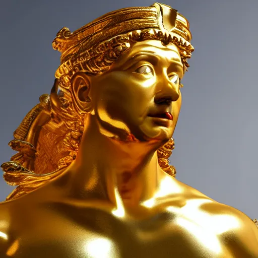 Image similar to portrait of jeff bezos in the form of a giant greek statue in pure gold, with a gold crown, baroque elements in the background, museum. intricate artwork by michelangelo. photorealistic. ultra detailed. flash. octane render. cinematic. 4 k bokeh.