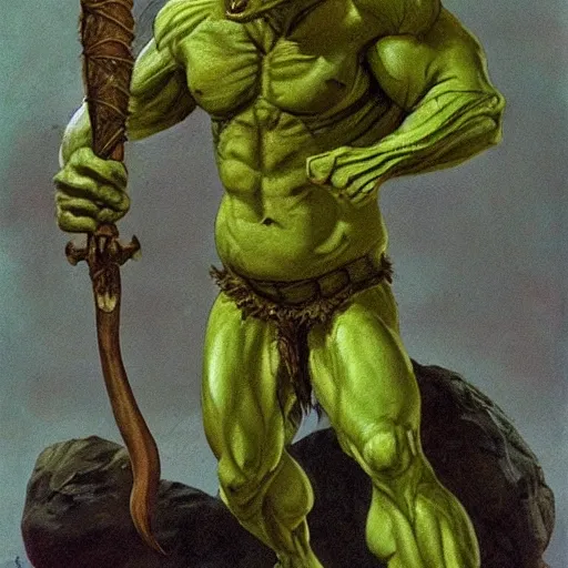 Image similar to dog - faced muscular goblin, ugly face, lizard tail, holding scimitar made of bone, scimitar, colorized, green skin, hyper - detailed, primeval fantasy, prehistoric fantasy, drawn by frank frazetta