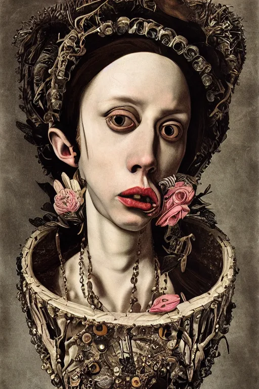 Prompt: Detailed maximalist portrait with large lips and with large eyes, sad expression, bones, HD mixed media, 3D collage, highly detailed and intricate illustration in the style of Caravaggio, dark art, baroque