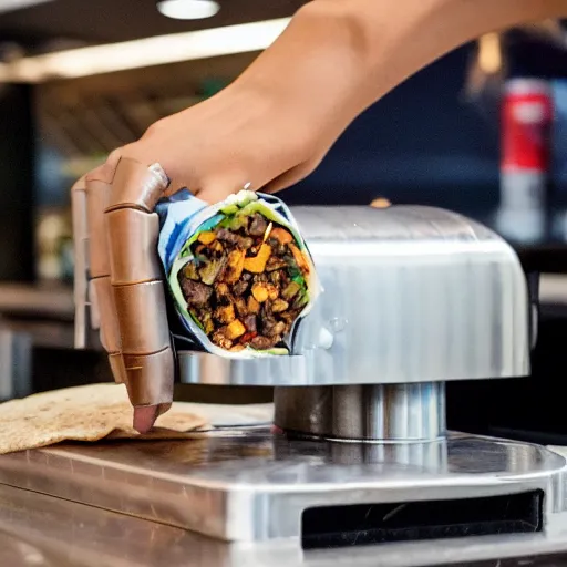 Prompt: a robot making a burrito at chipotle