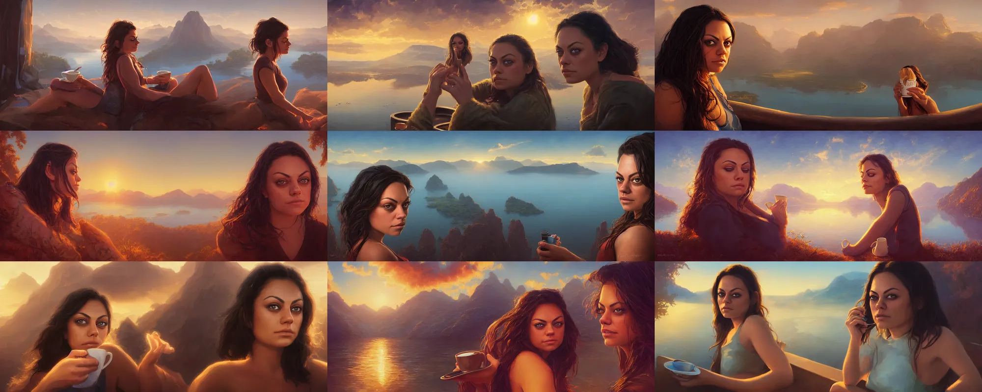 Prompt: close - up portrait of sleepy mila kunis, morning golden hour, steaming coffee, mystical lake view vista, mark brooks, ralph horsley, anton fadeev, paul lehr, rhads, alena aenami