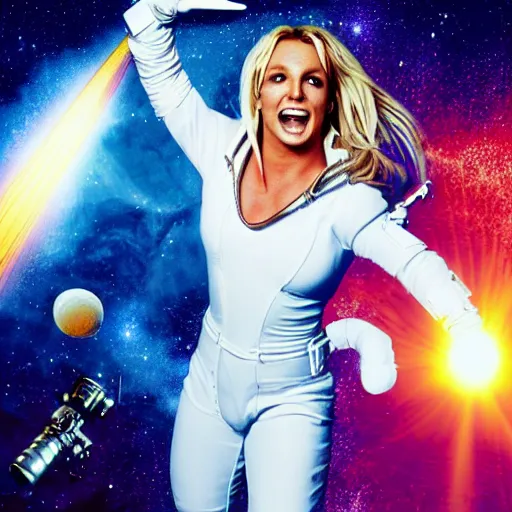 Image similar to of a poster photo of britney spears as a hero sci fi space cosmonaut holding a vintage raygun in a nice action pose, there is an explosion on the background shaking britney's hair, she is smiling, opps i did it again, f 2. 8, advertising lighting, new blockbuster,