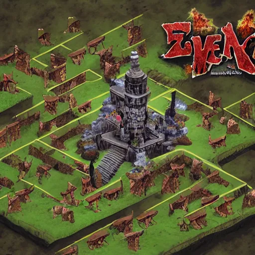 Image similar to Evil mage is standing on top of his tower, raising hands up high and leading his horde of zombies to outer lands. Isometric, high angle, big scale battle map. Highly detailed digital art, unreal engine.