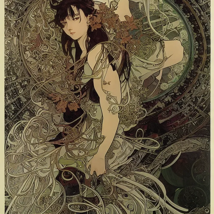 Image similar to alphonse mucha yoji shinkawa moebius jean girard shintaro kago junji ito esoteric hypnogogic ethereal ethereality dreamy combat mech dieselpunk incredible intricate machinery illusionary art and trash polka