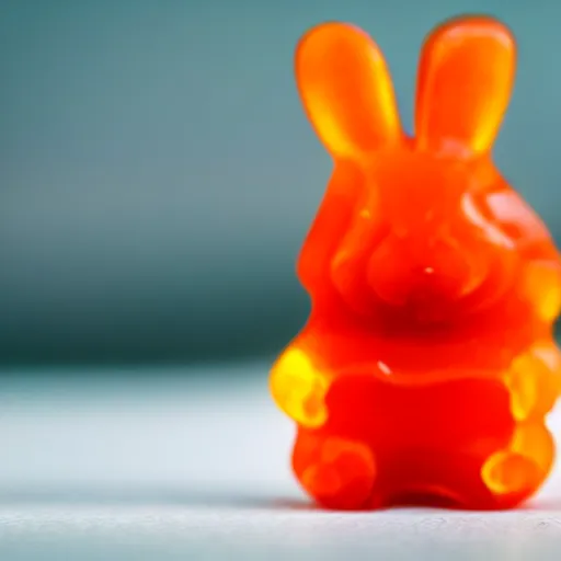 Image similar to a gummy bear shaped like a bunny, really close - up shot, hd, 4 k, smooth, extra detailed, photo, award - winning, trending, shutterstock