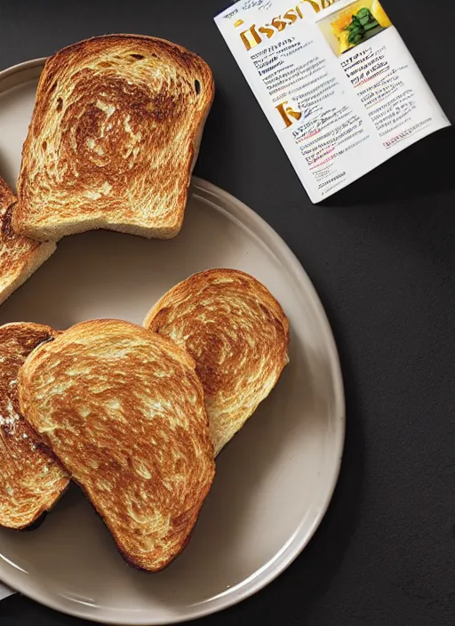 Image similar to tubby toast featured in a culinary magazine, professional photo, with text, featured article