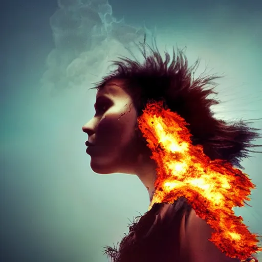 Image similar to a woman up there, sci - fi, town, on fire, photoshop, colossal, creative and cool, photo manipulation, low angle, smoke, destruction