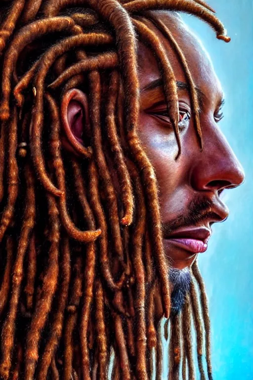 Prompt: hyperrealistic close - up portrait of psychedelic!!!!!!!!!! neuro - shaman dreadlocks hippy highly detailed concept art eric zener elson peter cinematic hard lighting high angle hd 8 k sharp shallow depth of field, inspired by denis villeneuve and zdzisław beksinski