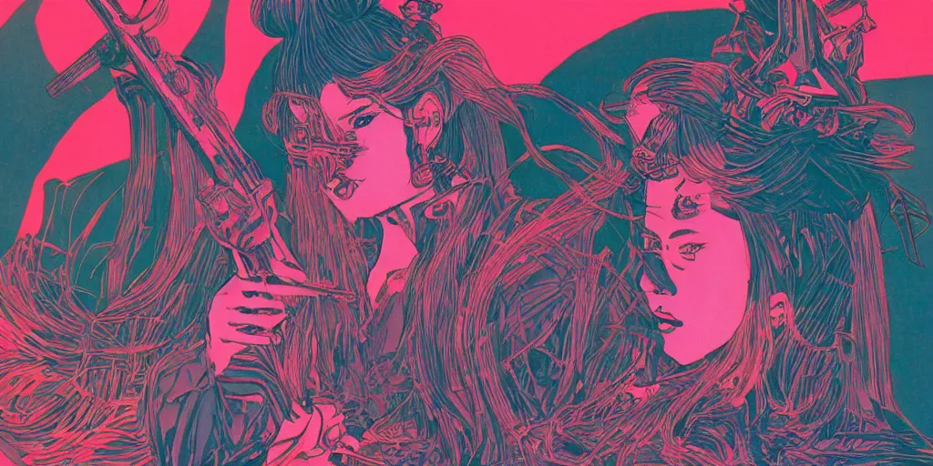 Image similar to a close - up grainy, risograph drawing, hyper light drigter, neon colors, a big porcelain glossy geisha head, with long hair, floating above the sharp peaks weapons, style by moebius and kim jung gi