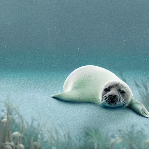 Image similar to Prince in pastel!!, A seal sleeping peacefully in a kelp forest, cinematic, hyper realistic, detailed, 8k, octane render.