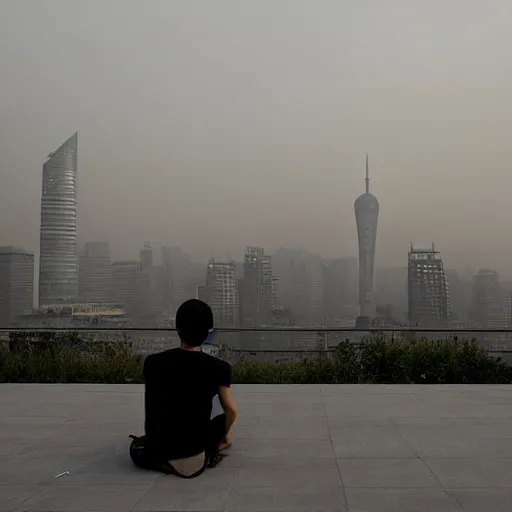 Prompt: a small rooftop with a couple of people sitting and watching the view, wearing black modern clothes, designed by rick owens, messy short hair, modern shanghai bund in smog is on the background, sunset, pale colors, by gregory crewdson