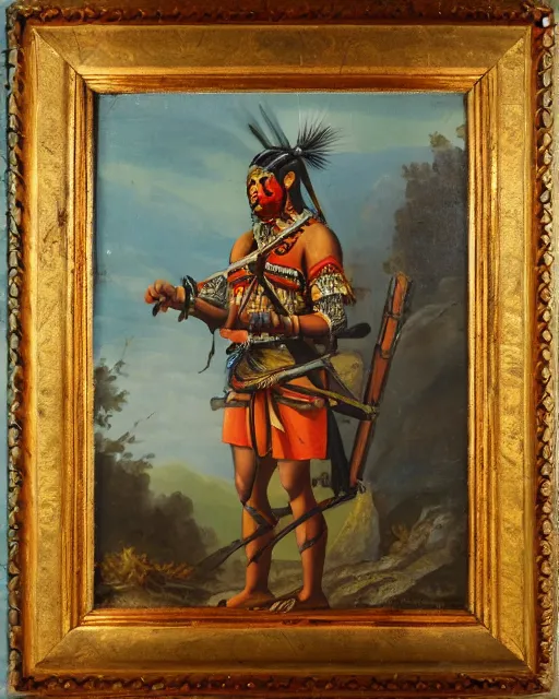 Prompt: old antique painting of an apache warrior