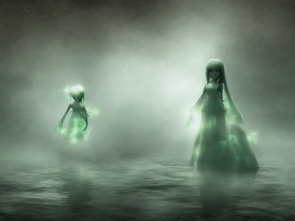 Image similar to cute fumo plush girl ghost in the haze of the murky river, reflective water surface, smoke and volumetric fog, tattered gothic horror maiden, fallen angel, green lens flare, light shafts, light and shadow, vray