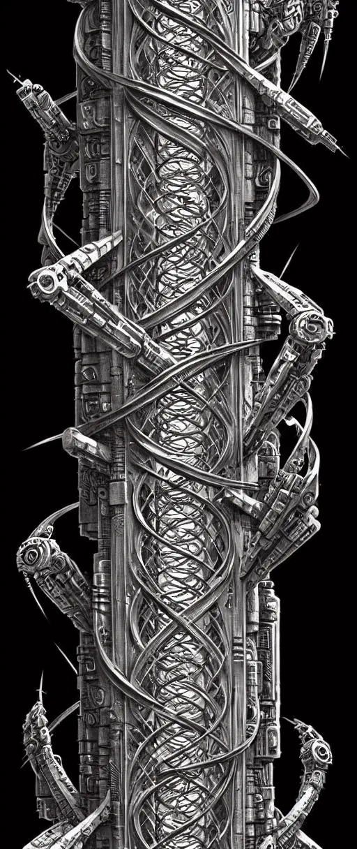 Image similar to a double helix dna cyberpunk steampunk carved pillar, high details, lineart, by vincent di fate and joe fenton, inking, screen print, masterpiece, trending on artstation, sharp, high contrast, hyper - detailed,, hd, 4 k, 8 k