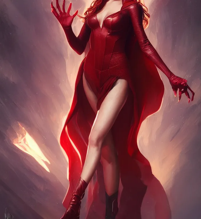 Image similar to Lucifer Morningstar as Scarlet Witch, portrait, full body, hyper detailed, digital art, trending in artstation, cinematic lighting, studio quality, smooth render, unreal engine 5 rendered, octane rendered, art style by klimt and nixeu and ian sprigger and wlop and krenz cushart