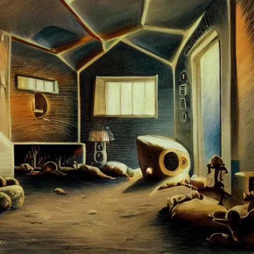 Image similar to painting of an alien house interior, cosy