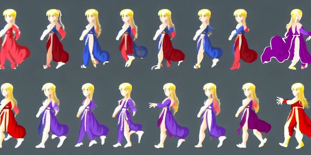 Prompt: walking animation sprite sheet of a girl in a renaissance dress, walking to the right, each sprite is a different frame of the animation, in the style of final fantasy games, side view of her taking steps, accurate walk cycle, walk cycle, walk cycle