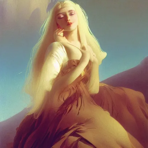 Prompt: young woman's face, her hair is white and she wears a cobalt blue satin cloak, by ivan aivazovsky and syd mead and moebius and gaston bussiere and roger dean and wojciech siudmak and pieter claesz and paul delaroche and alma tadema and aelbert cuyp, hyperrealistic, volumetric light, octane render