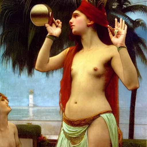 Image similar to Girl with a blood chalice at the palace, thunderstorm, pool, beach and palm trees on the background major arcana sky, by paul delaroche, alphonse mucha and arnold böcklin arnold böcklin hyperrealistic 8k, very detailed