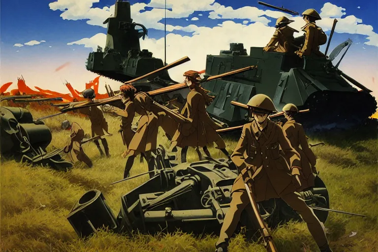 Image similar to anime key visual depicting the horrors of the 1 9 1 8 great war, anime maids riding early tanks, matriarchy, old bolt action rifles, biplanes in the sky, blood anguish terror death, style of jamie wyeth james gilleard edward hopper greg rutkowski acrylic painting, preserved museum piece, historical