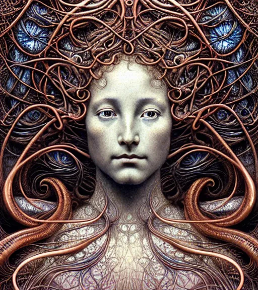 Prompt: detailed realistic beautiful copper goddess face portrait by jean delville, gustave dore, iris van herpen and marco mazzoni, art forms of nature by ernst haeckel, art nouveau, symbolist, visionary, gothic, neo - gothic, pre - raphaelite, fractal lace, intricate alien botanicals, biodiversity, surreality, hyperdetailed ultrasharp octane render