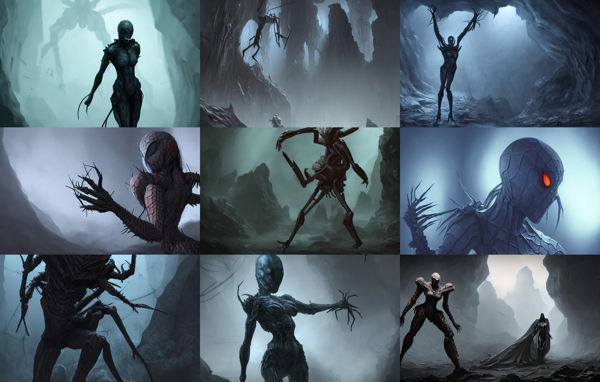 Prompt: creepy matte painting of an armored female with spider legs in a dark cave, human arms, ultra detailed, monster, half human half spider, human torso and head, human face, spider thorax, creature design, concept art, dnd, dndbeyond, d & d, 8 k, moody lighting, muted colors, blue tone light, dramatic lighting