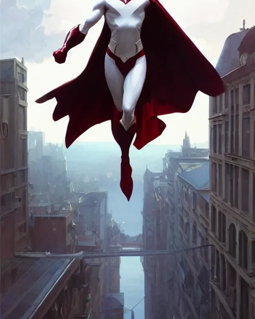 Image similar to wide angle of superhero - white cape levitating over the street below, arms spread wide, highly detailed, digital painting, artstation, concept art, smooth, sharp focus, illustration, art by artgerm, greg rutkowski, alphonse mucha, j. c. leyendecker